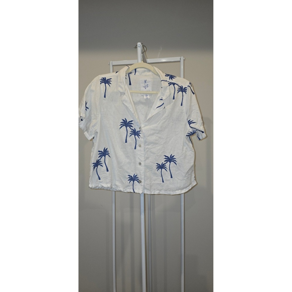 Calypso St Barth White Linen Embroidered Blue Palm Tree Camp Shirt Womens Medium - Picture 2 of 6